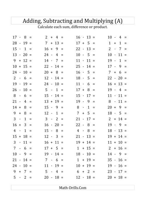 100 Horizontal Addition Subtraction Multiplication Questions Facts 1 