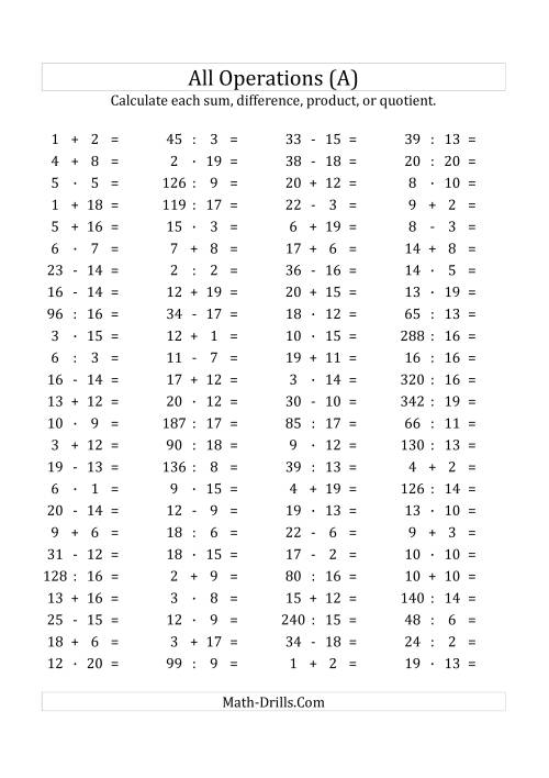 100 Horizontal Mixed Operations Questions Facts 1 To 20 Euro Format A