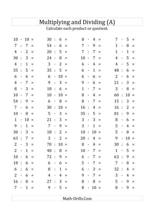 100 Horizontal Multiplication Division Questions Facts 1 To 10 Euro