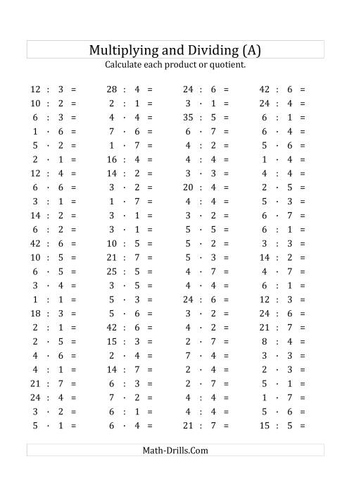 100 Horizontal Multiplication Division Questions Facts 1 To 7 Euro 