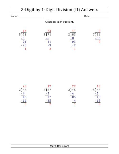 2 Digit By 1 Digit Long Division With Remainders And Steps Shown On