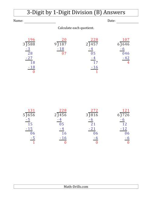 3 Digit By 1 Digit Long Division With Remainders And Steps Shown On