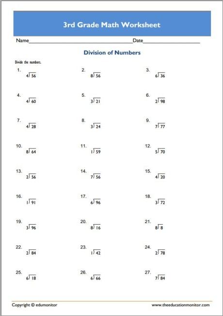 3rd Grade Math Worksheets Printable Pdf EduMonitor