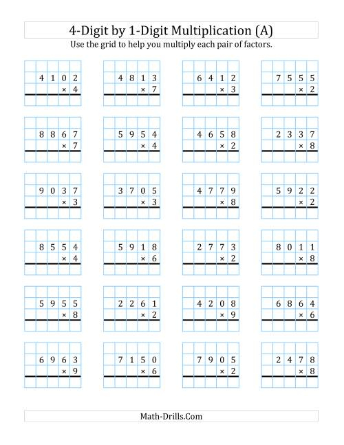 4 Digit By 1 Digit Multiplication With Grid Support A 