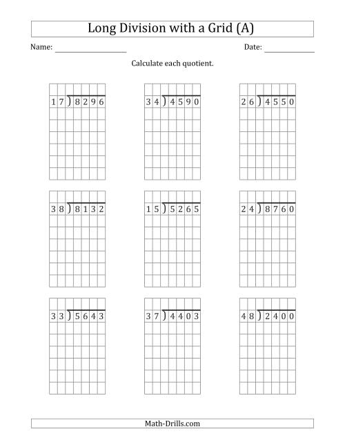 4 Digit By 2 Digit Long Division With Grid Assistance And NO Remainders A 