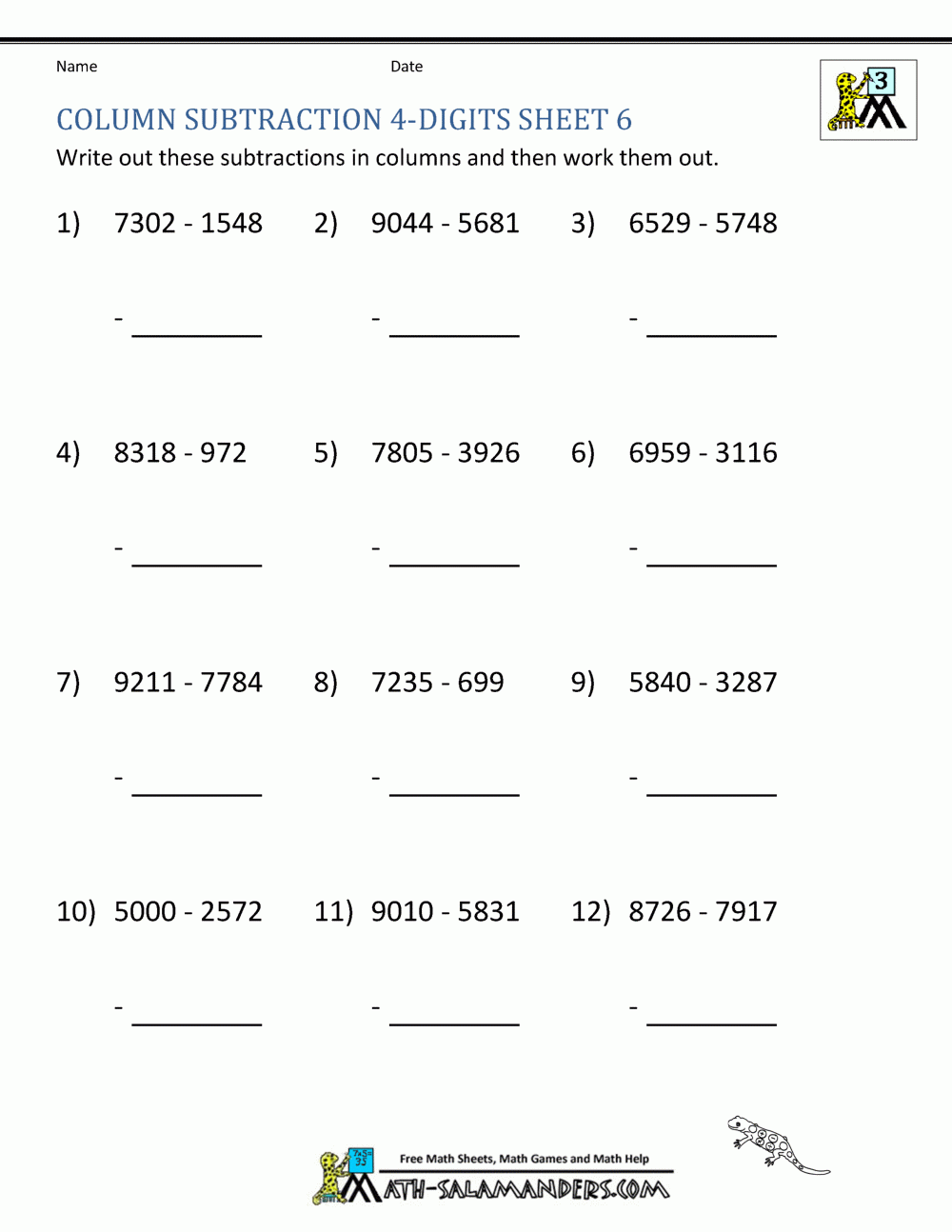 4 Digit Subtraction Worksheets