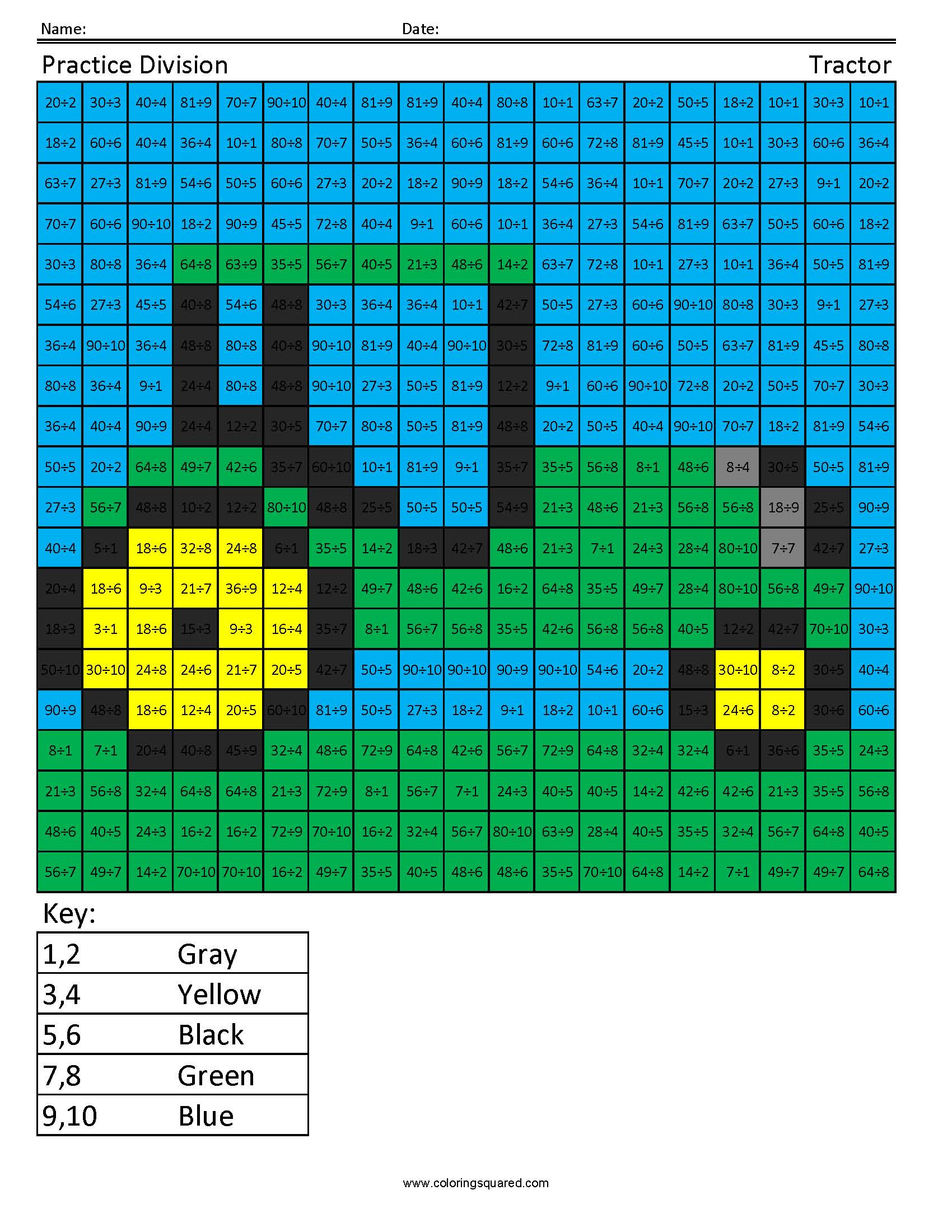 4G8 Division Tractor 4th Grade Math Coloring Squared