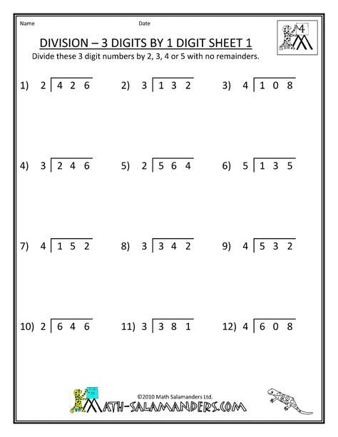 4th Grade Math Worksheets Division 3 Digits By 1 Digit 1 Math 