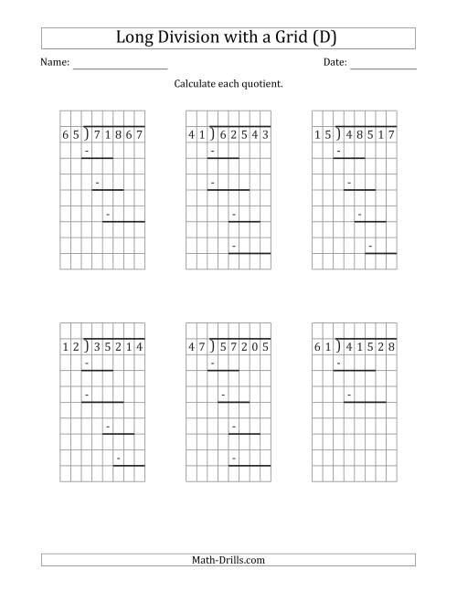 5 Digit By 2 Digit Long Division With Remainders With Grid Assistance