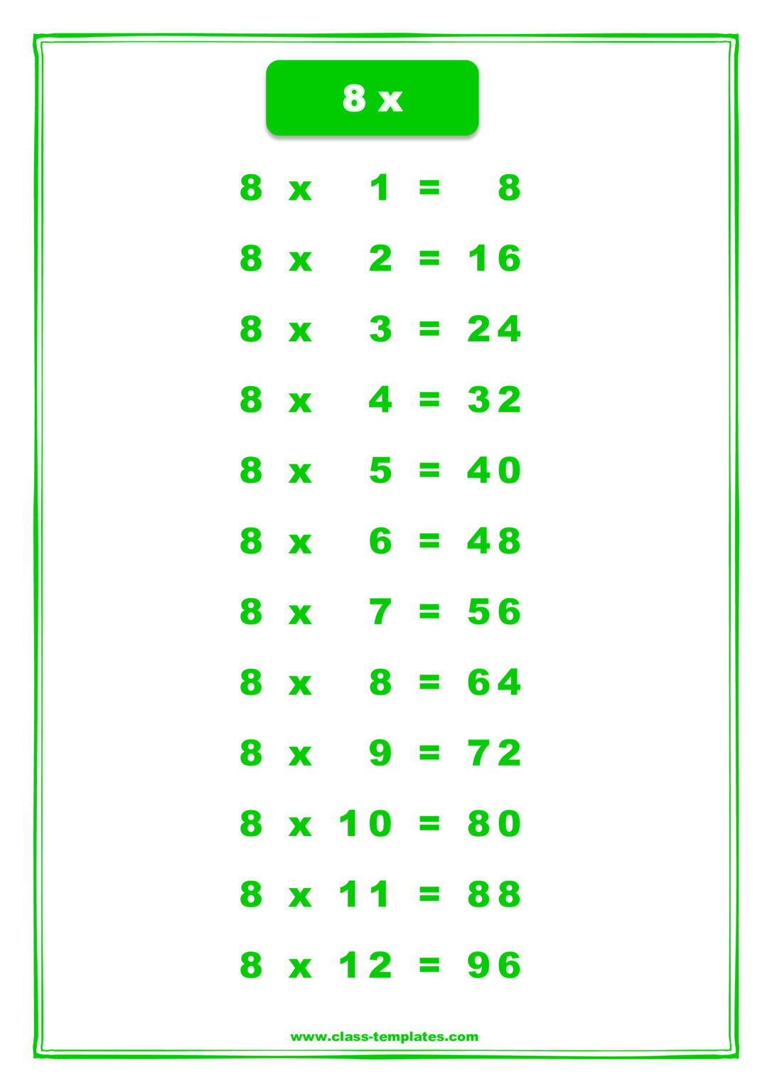 8X Times Table Chart Templates At Allbusinesstemplates