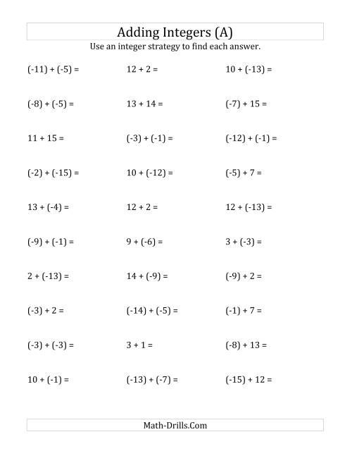 Adding Integers From 15 To 15 Negative Numbers In Parentheses A 