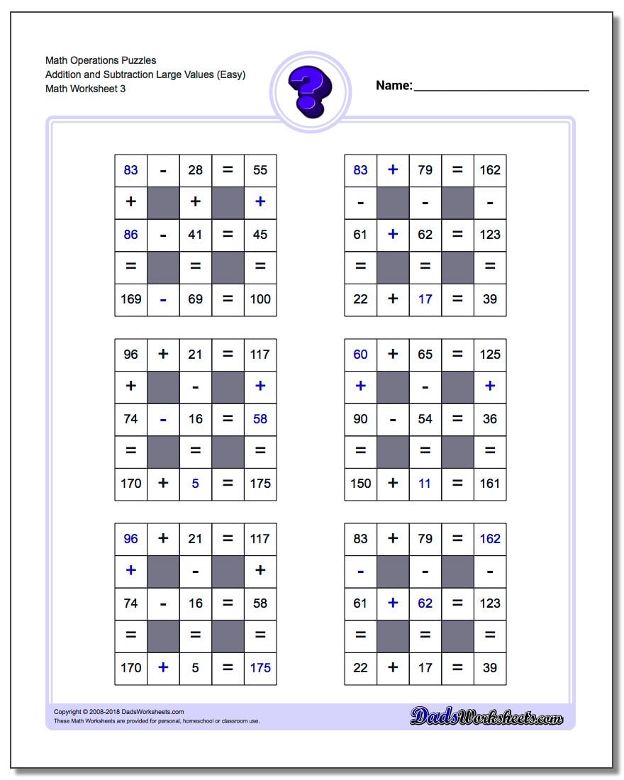 Addition And Subtraction Logic Puzzles With Missing Values And