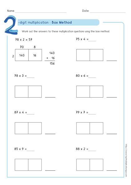 Box multiplication partial products method 2 digit by 1 digit worksheet 