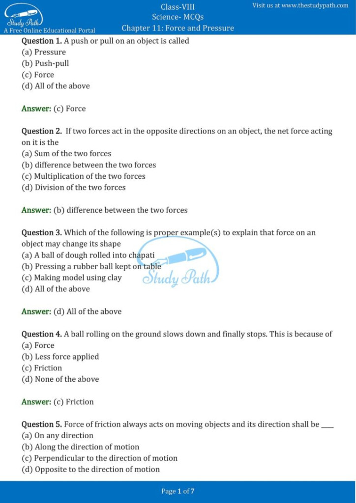 Class 8 Science Chapter 11 Force And Pressure MCQ With Answers