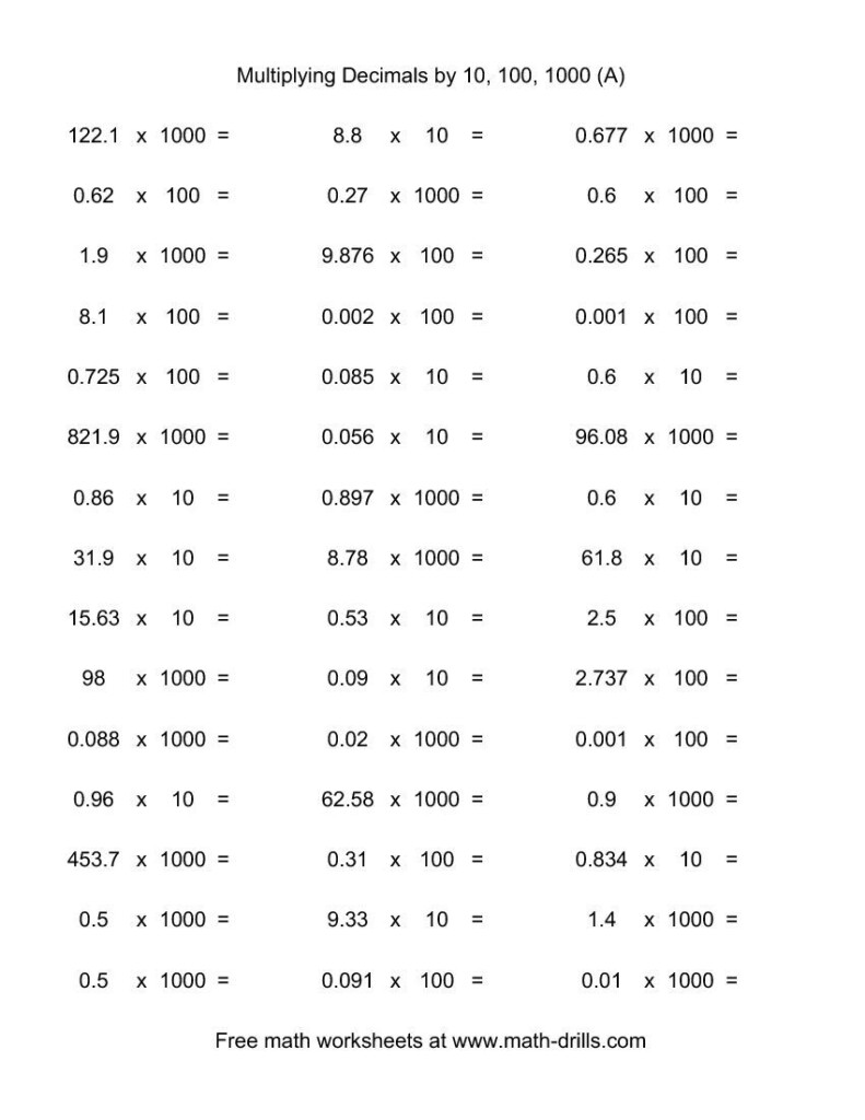 Decimal 10 100 Or 1000 horizontal 45 Per Page A Decimals 