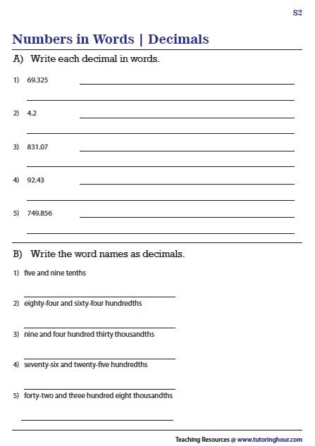 Decimals In Words Worksheets Decimals Words Math Worksheet