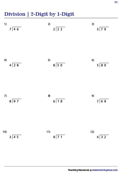 Dividing 2 Digit By 1 Digit Whole Numbers Worksheets Division