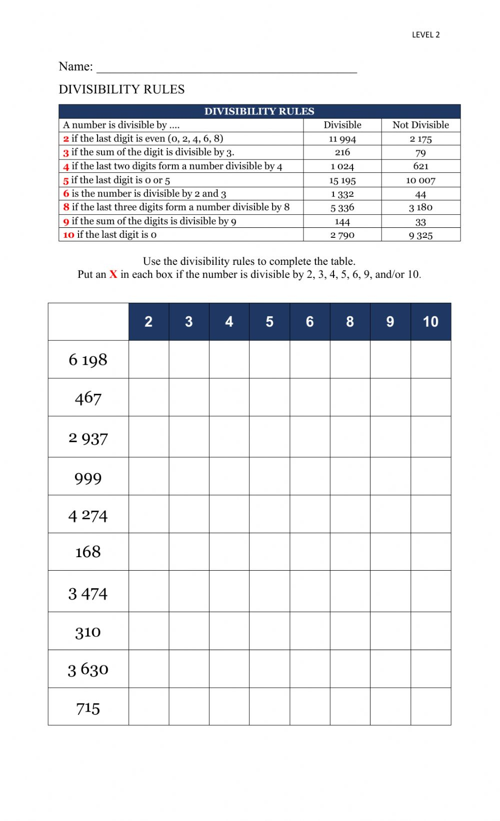 Divisibility Rules Exercise