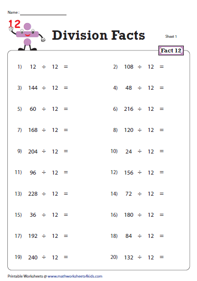 Division Fact 12 Division Facts Division Facts Worksheets 