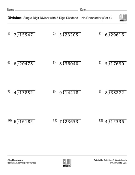 Division Worksheet With Single Digit Divisors Set 4 Childrens 