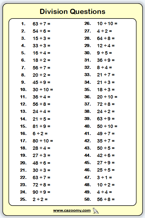 Division Worksheets Practice Questions And Answers Cazoomy