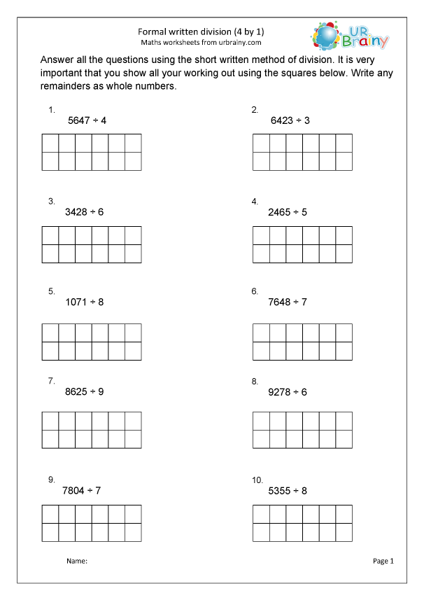 Formal Written Short Division 4 By 1 Division Maths Worksheets For 