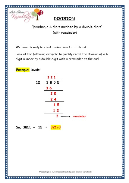 Grade 4 Math Worksheet Dividing 4 By 1 Digit Numbers With Remainder K5