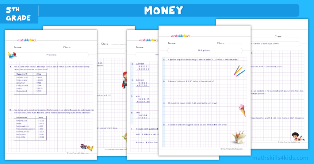 Money Word Problems Worksheets For Grade 5 Money Word Problems With 