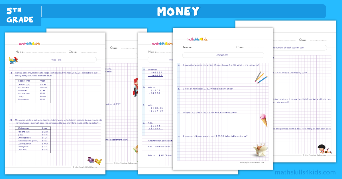 Money Word Problems Worksheets For Grade 5 Money Word Problems With