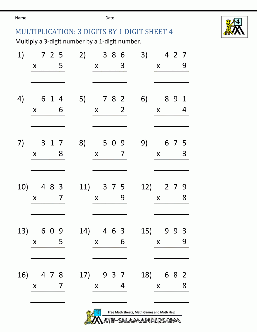 Multiplication Sheet 4th Grade