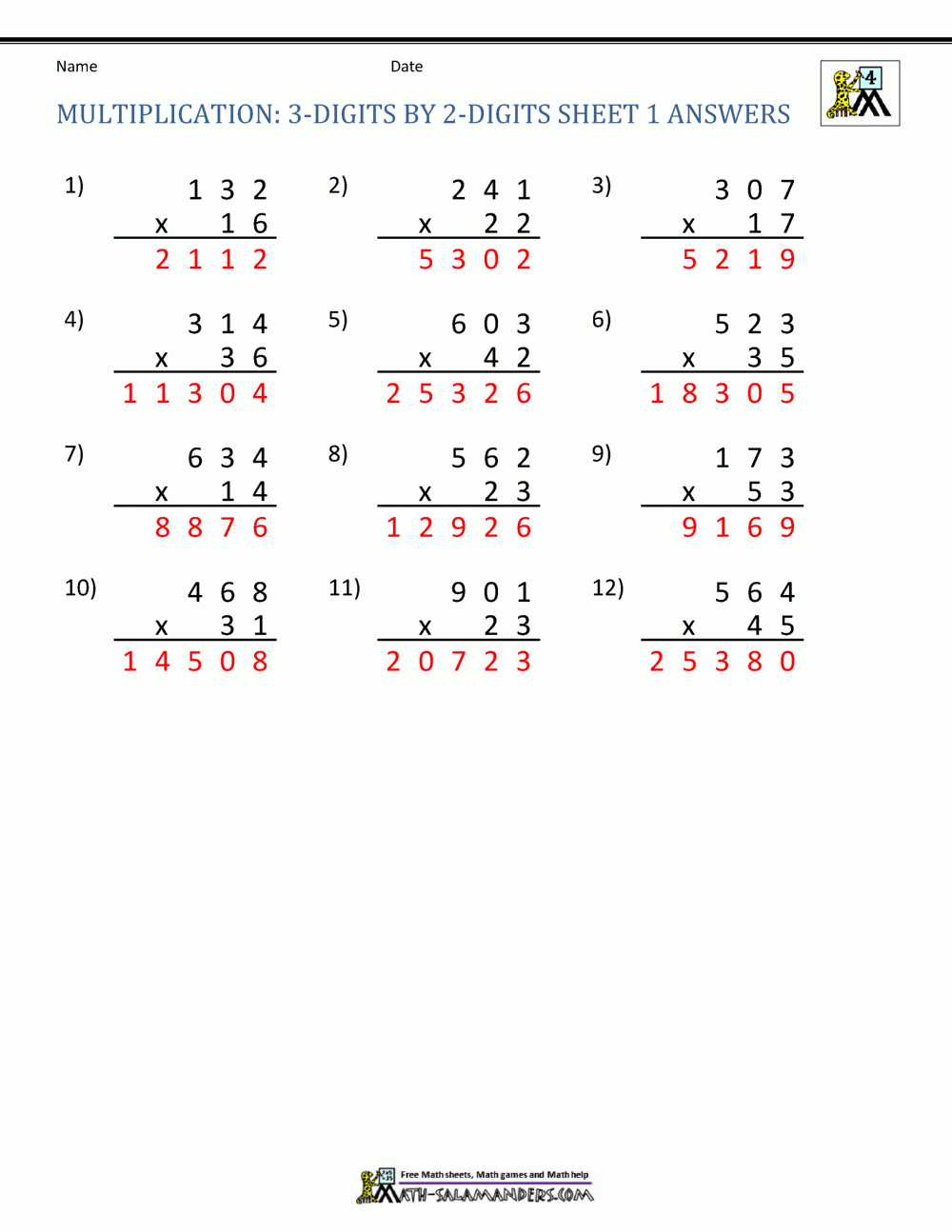 Multiplication Sheets 4th Grade