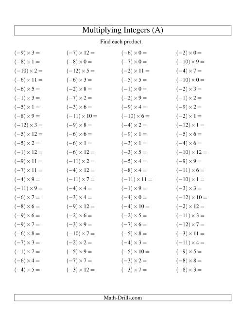 Multiplying Integers Negative Times A Positive A Integers Worksheet