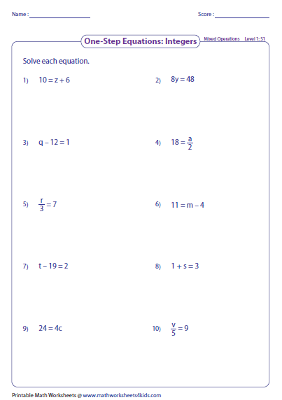 One Step Equation Worksheets