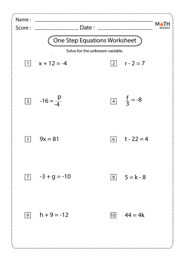 One Step Equations Worksheets Math Monks Two Syllable Words With Long 