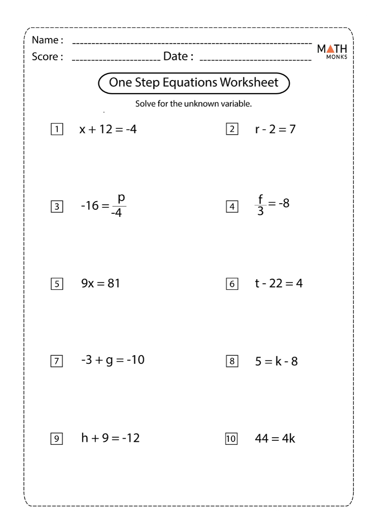 One Step Equations Worksheets Math Monks Two Syllable Words With Long 