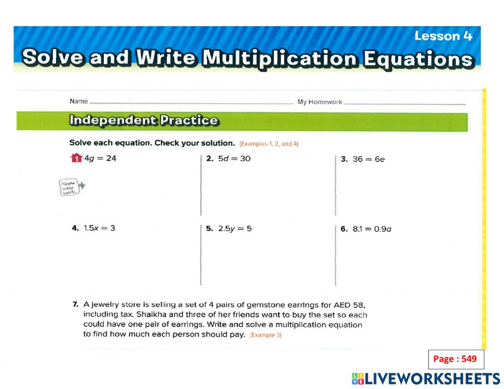 One Step Multiplication Equations Worksheet