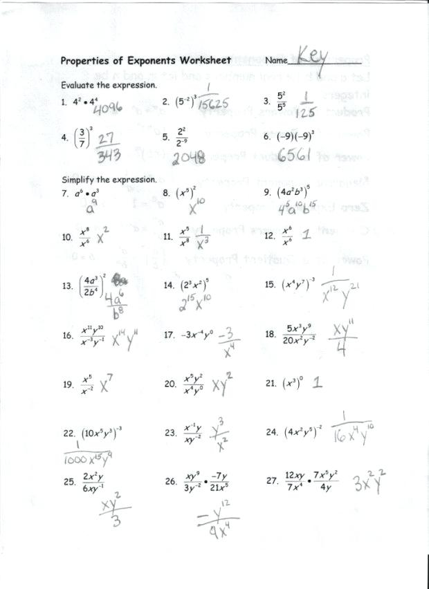 Properties Of Exponents Worksheets And Answers