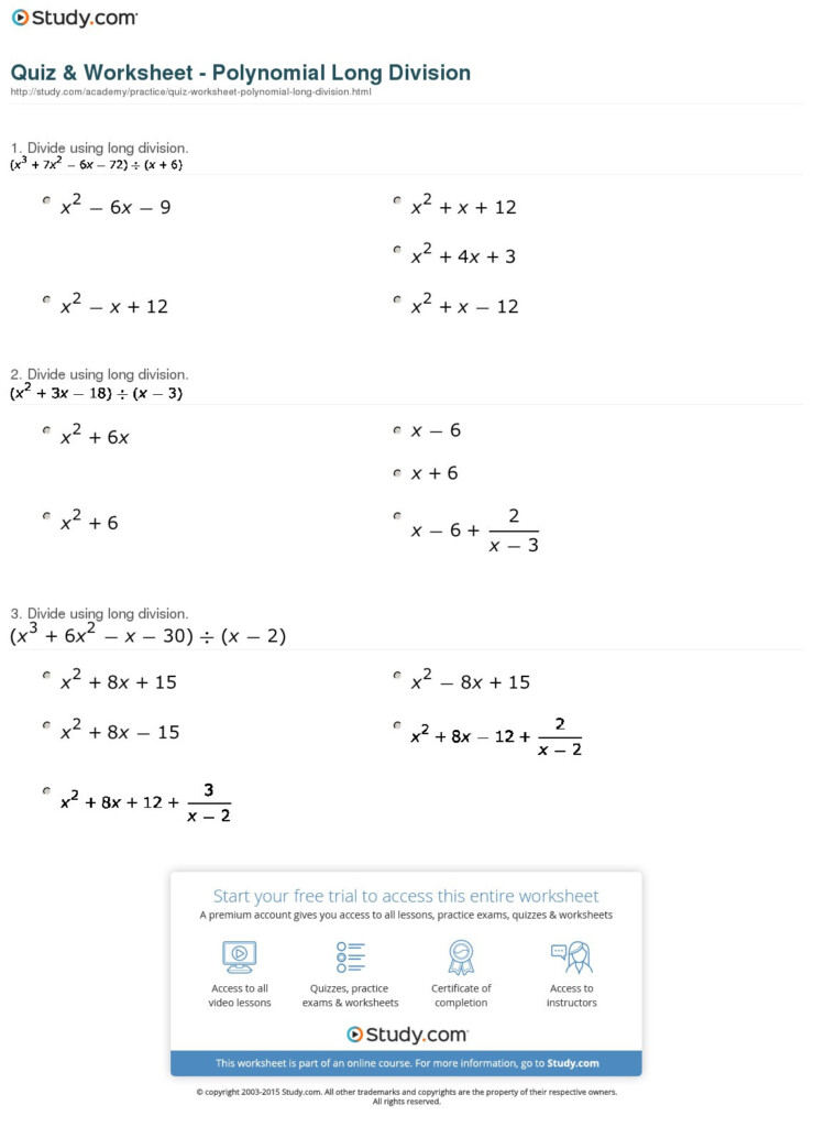 Quiz Worksheet Polynomial Long Division Study Db excel