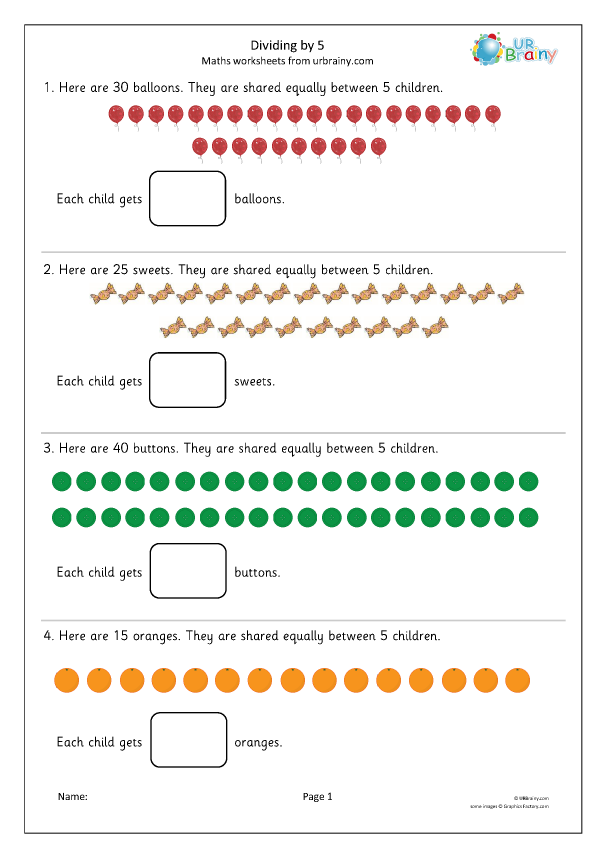 Sharing Into 5 Equal Groups Division Maths Worksheets For Year 2 age