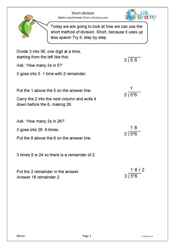 Short Division Division Maths Worksheets For Year 3 age 7 8 By