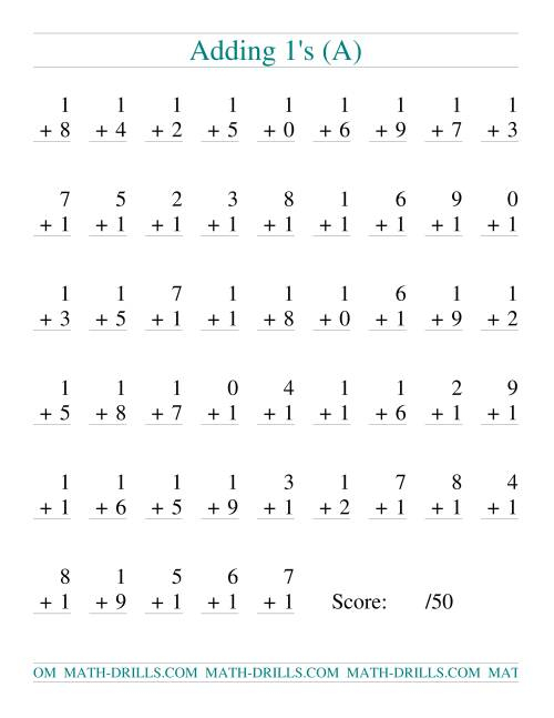 Single Digit Addition 50 Vertical Questions Adding Ones A 