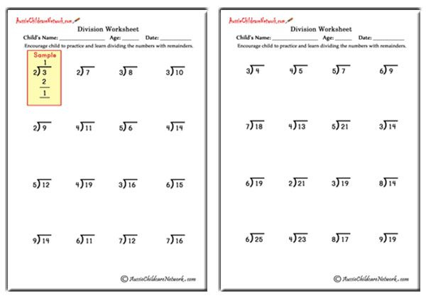 Single Digit Quotient Simple Division Worksheets with Remainders 