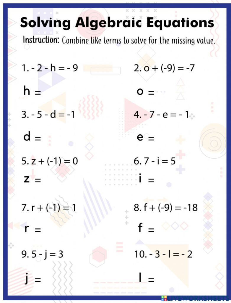 Solving Algebraic Equations Interactive Worksheet