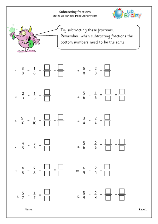 Subtracting Fractions 1 Fraction Worksheets For Year 3 age 7 8 By 