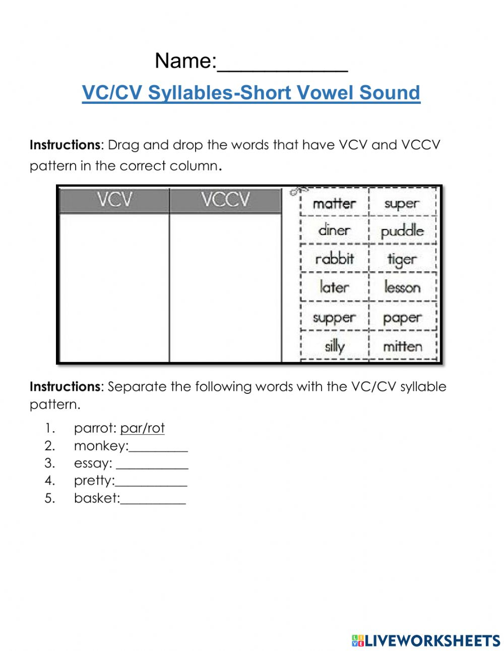 Syllable Division Patterns Vccv Vcv Vv Mavieetlereve