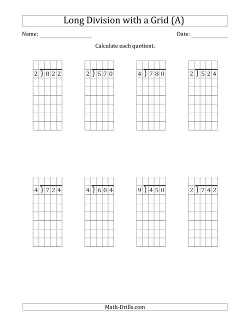 3 Digit By 1 Digit Long Division With Grid Assistance And NO Remainders A