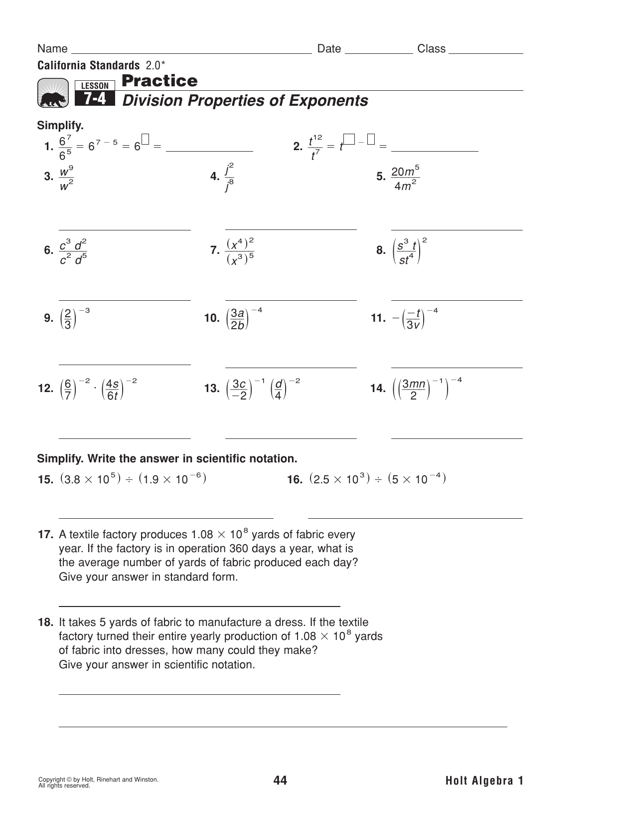 7 2 Practice Division Properties Of Exponents