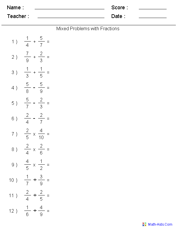 Adding Subtracting Multiplying Dividing Two Fractions Worksheets