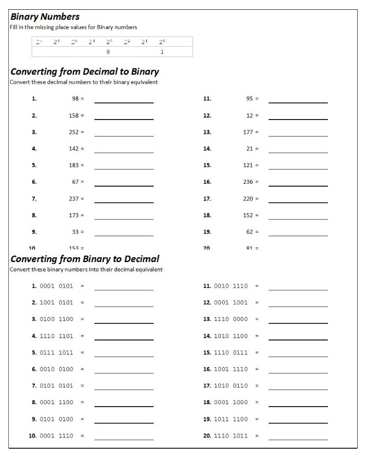 Binary Conversions Workbook With Answers Teaching Resources