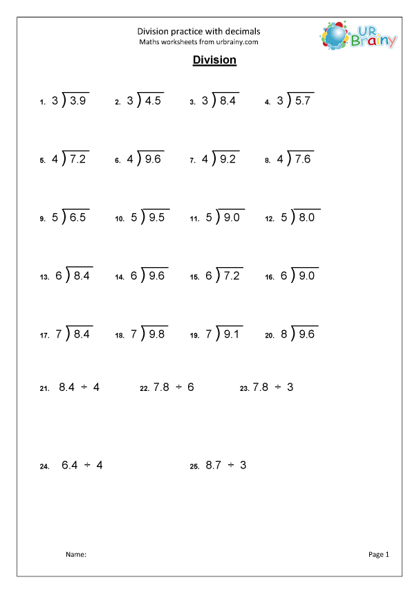 Decimal Division Worksheet Kindergarten Worksheets